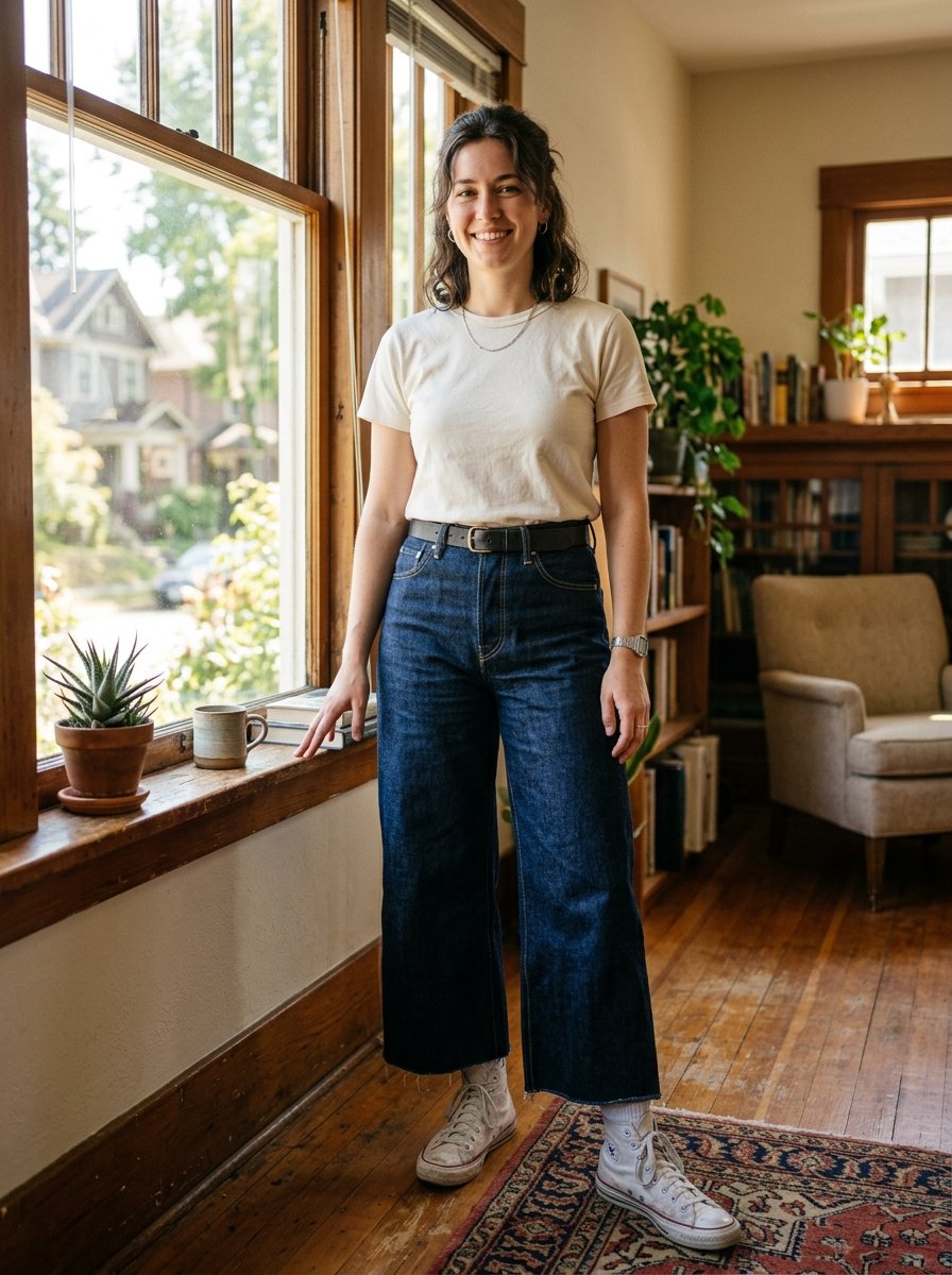 A woman in a white tee and dark denim jeans stands near a wooden window frame in a cozy living room.