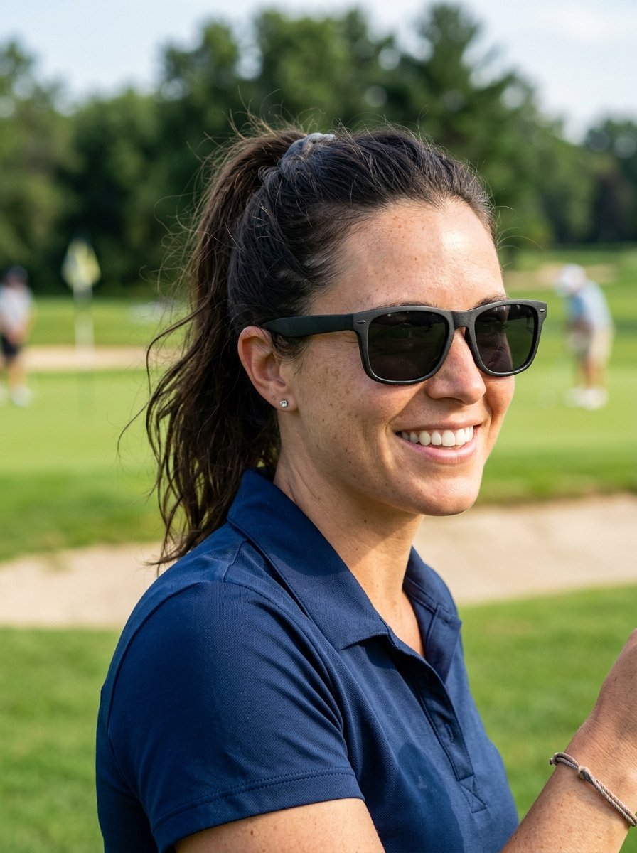 Portrait of a woman with a ponytail and sunglasses smiling on a golf course.