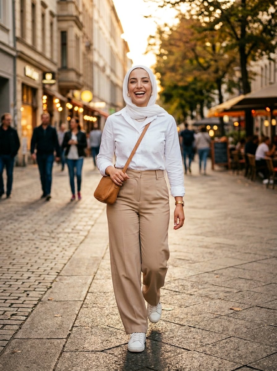 Young woman in a white button-down shirt and beige trousers laughing while walking on a cobblestone urban walkway.