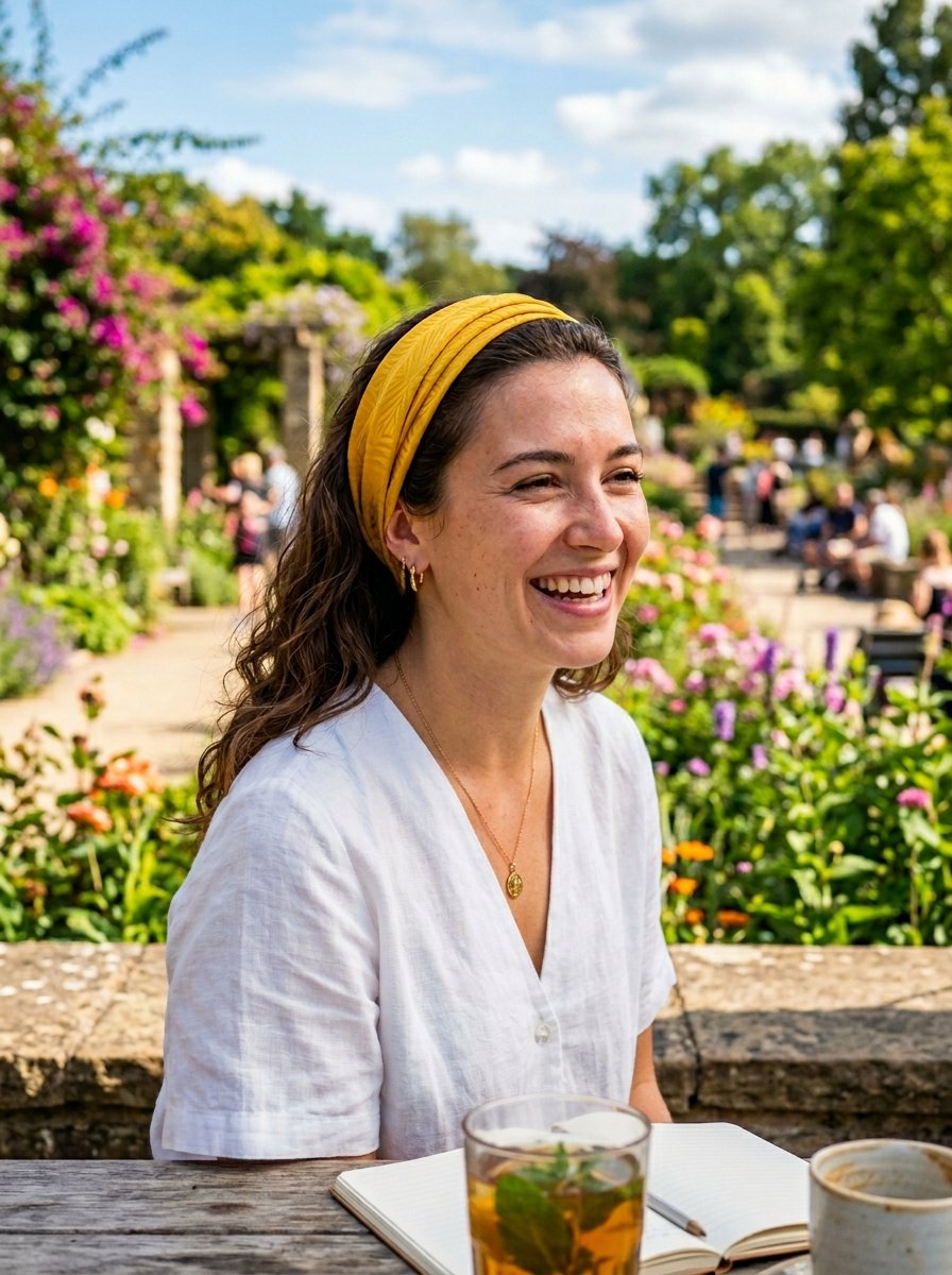 Portrait of a laughing brunette woman in a white linen shirt and yellow headband sitting at an outdoor cafe table.