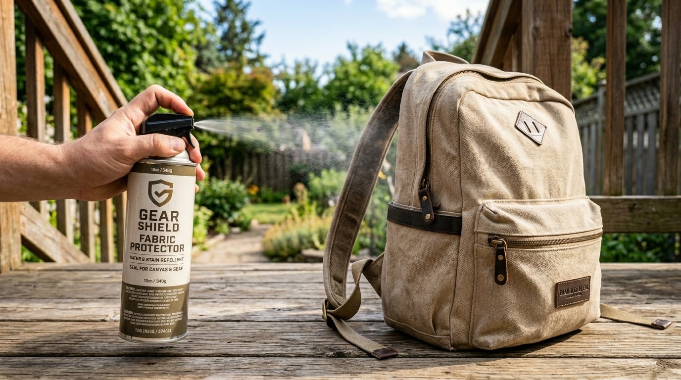 A hand holds a can of Gear Shield spray, misting a beige canvas backpack on a wooden deck.