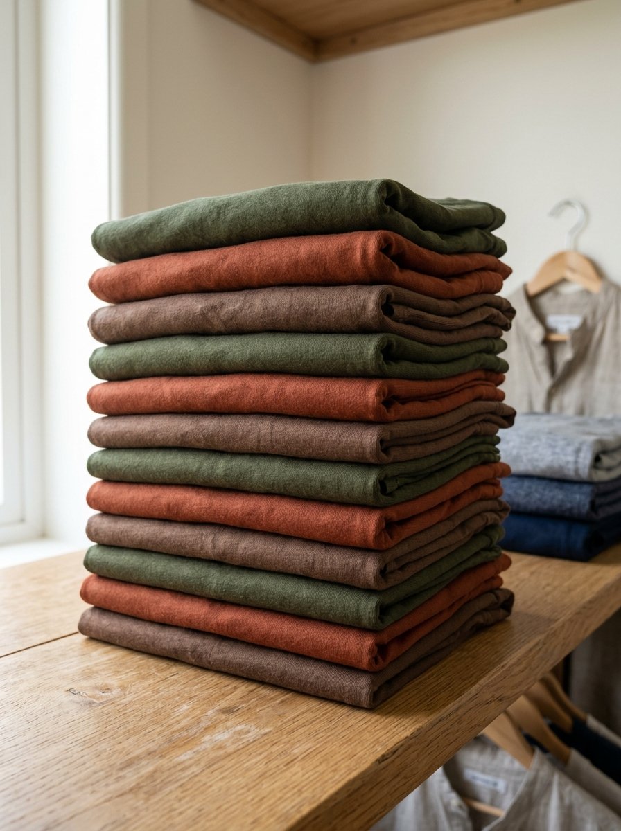 A tall pile of neatly folded textiles in shades of olive green, terracotta, and dark brown on a wooden shelf.