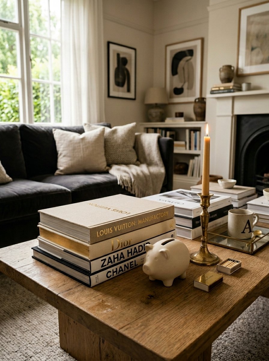 A coffee table with a stack of designer books, a brass candle holder, and a small ceramic pig figurine.