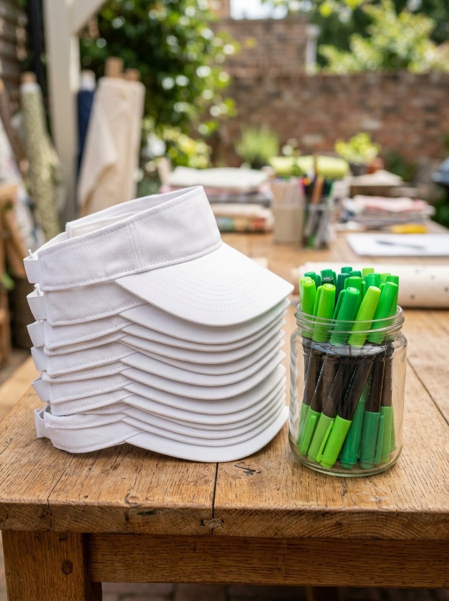 Several white fabric sun visors piled on a wooden table next to a glass jar filled with bright green markers.