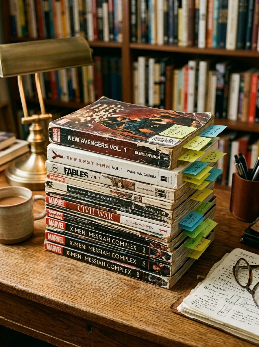 A tall pile of Marvel comics and graphic novels with colorful sticky notes, resting on a study desk near a lamp.