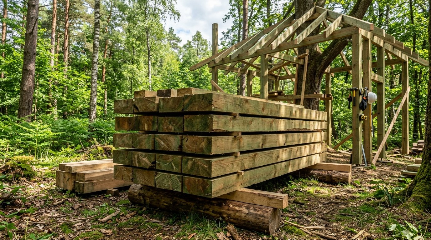 Close up of stacked wooden planks resting on logs near a partially built treehouse frame in a wooded area.