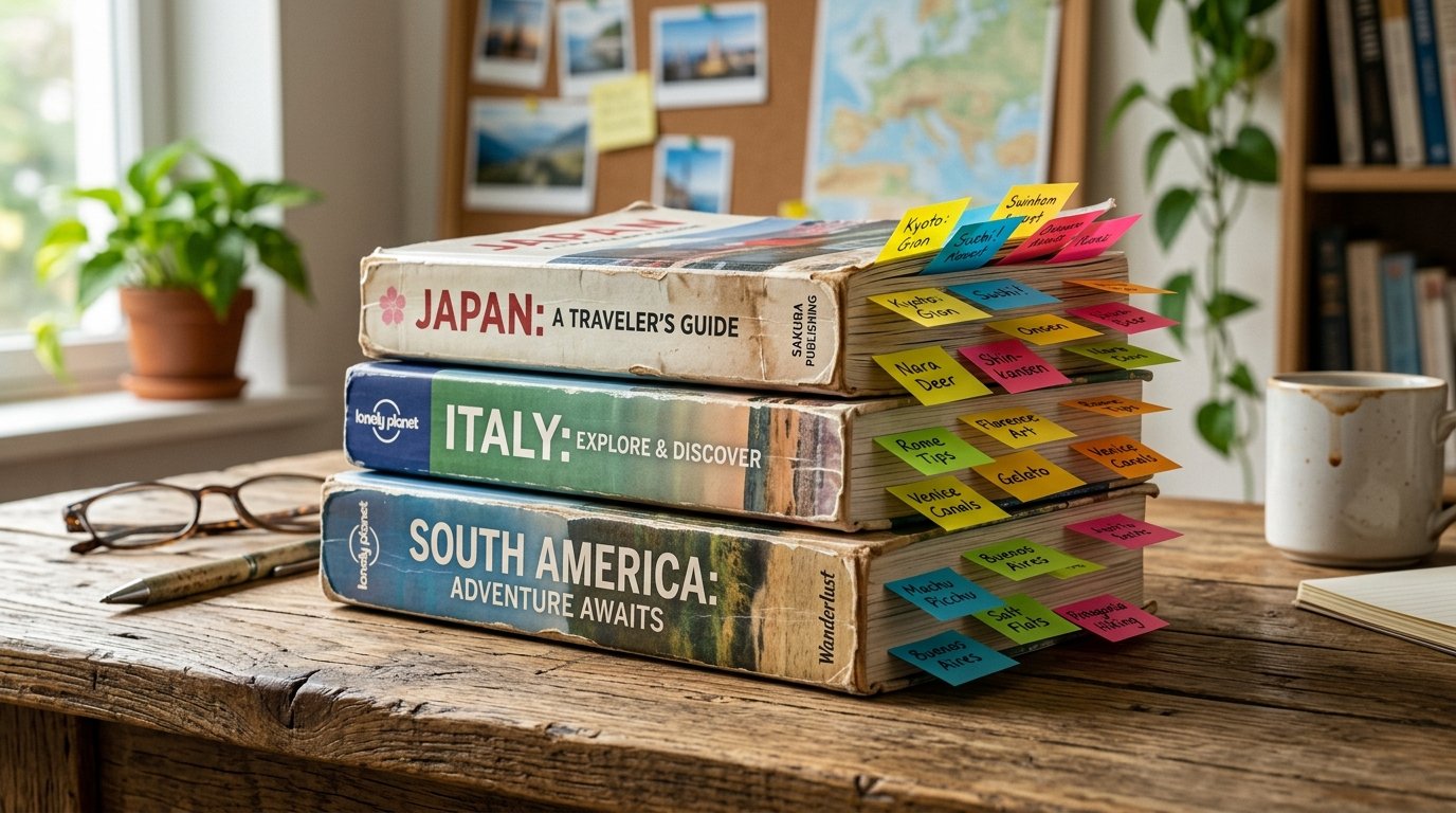 A stack of Japan, Italy, and South America travel books filled with colorful sticky notes on a wooden table.