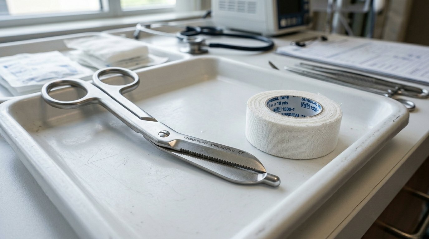 Close up of titanium coated stainless steel trauma shears and a roll of white surgical tape on a sterile tray.