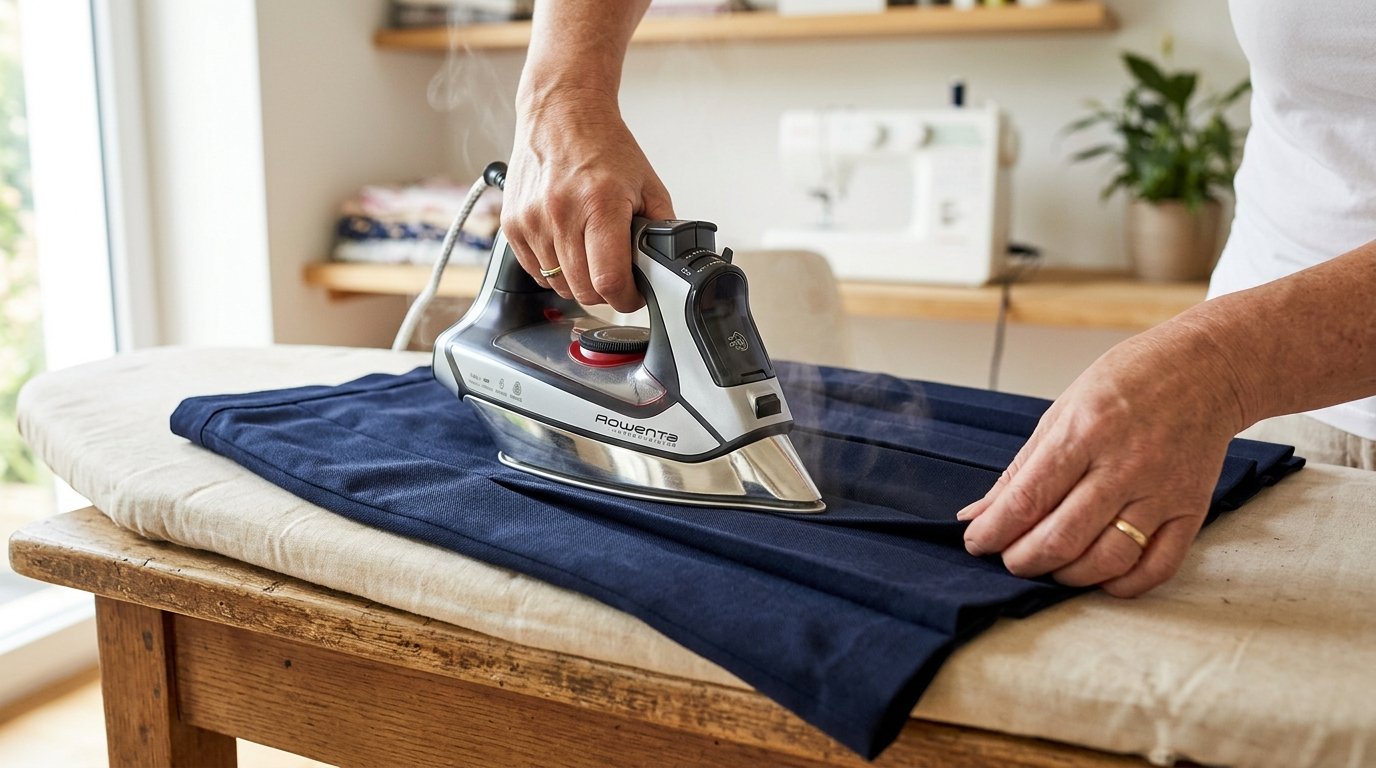 Close up shot of a person using a Rowenta steam iron on a navy blue pleated fabric on an ironing board.