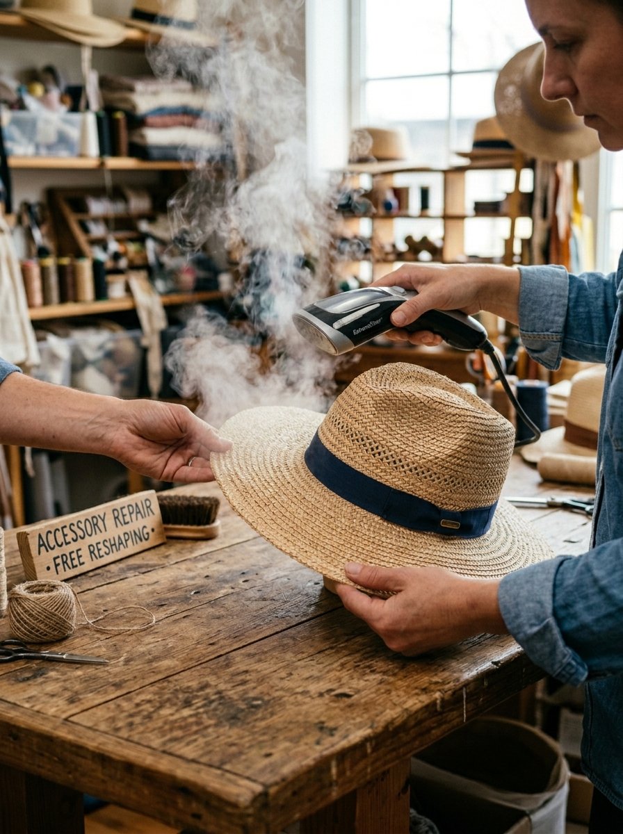 Close-up of a person steaming a woven straw hat with a dark blue ribbon in a hat repair workshop.