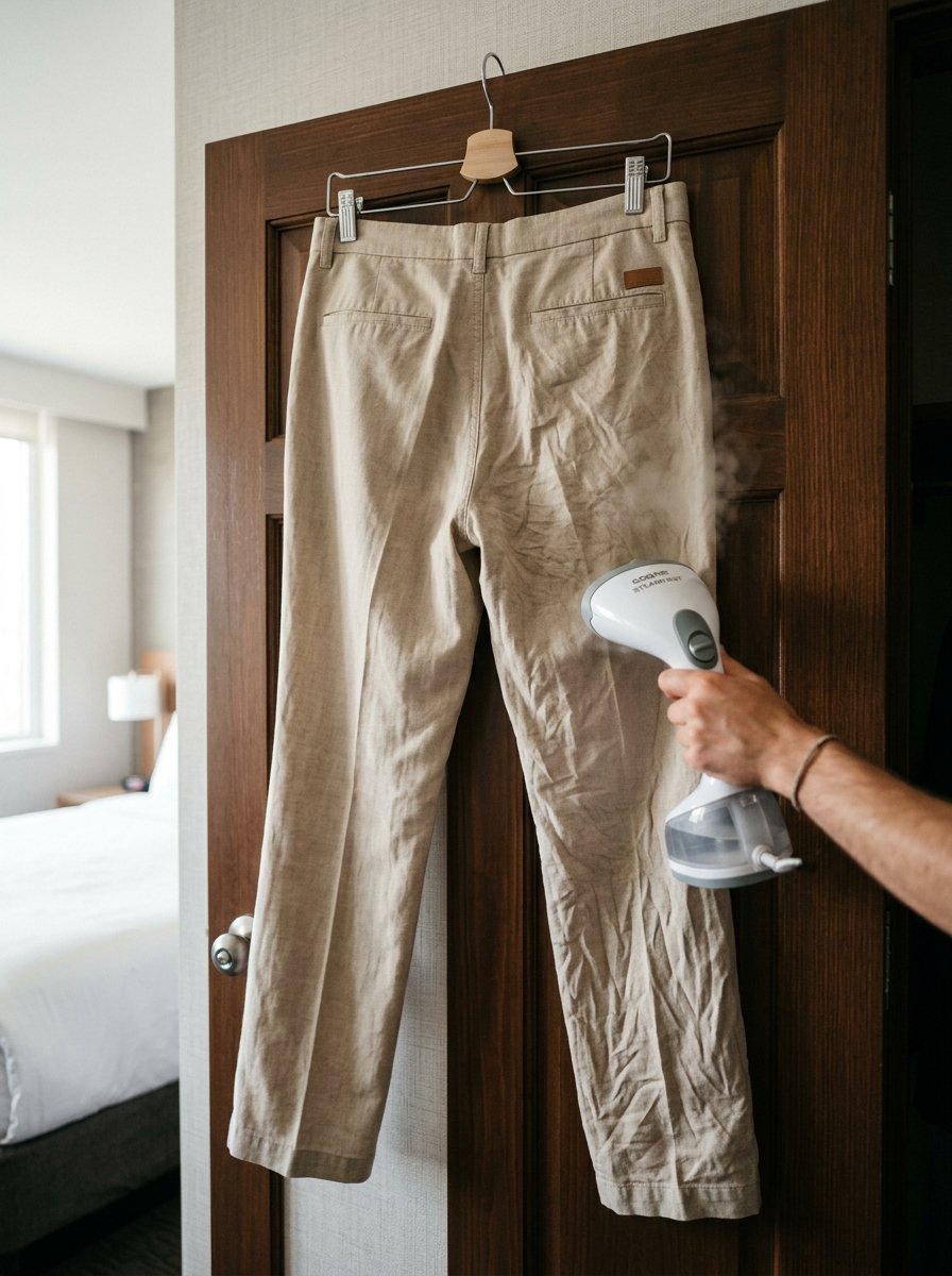 Close-up of a person using a white clothes steamer to remove wrinkles from beige trousers hanging on a door.