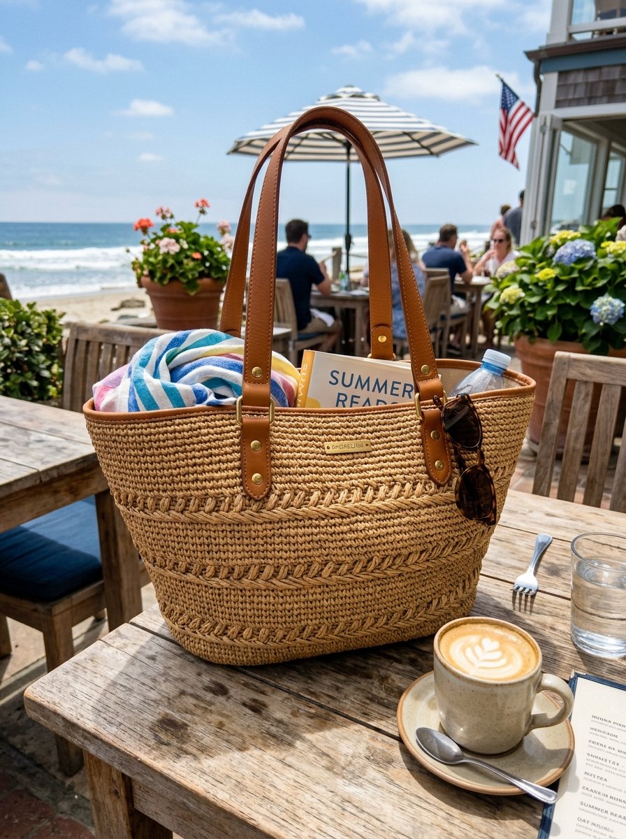 Woven beach tote filled with a striped towel and book sits on an outdoor cafe table with a coffee cup.