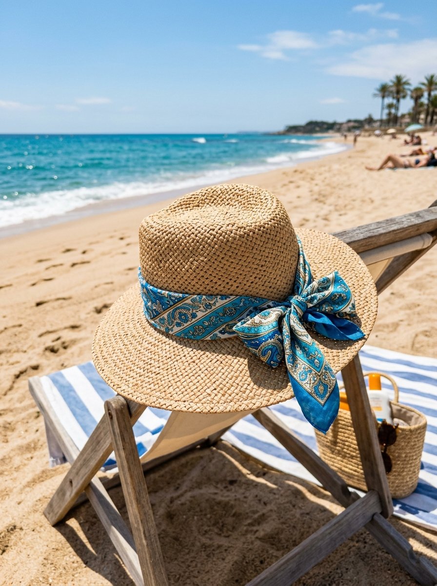 A straw fedora featuring a patterned blue headscarf resting on a wooden beach chair overlooking the ocean.