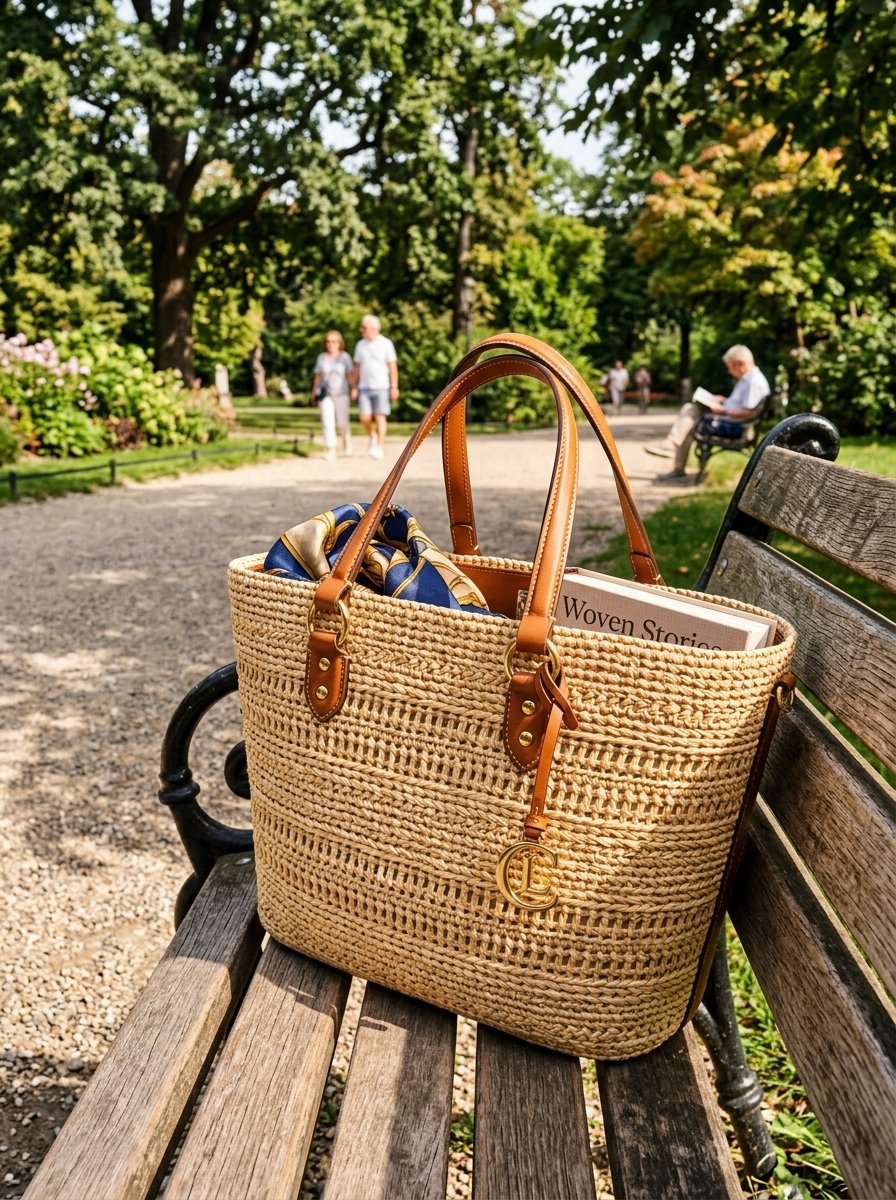 A tan woven tote bag with leather handles resting on a weathered park bench with a book and silk scarf inside.