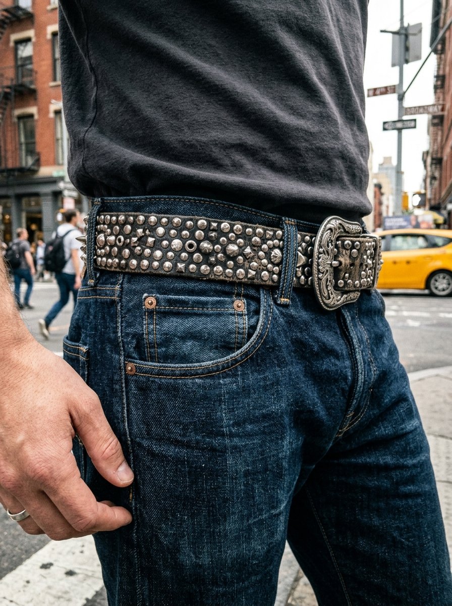 A person wearing raw denim jeans and a weathered black leather belt covered in silver metal studs.