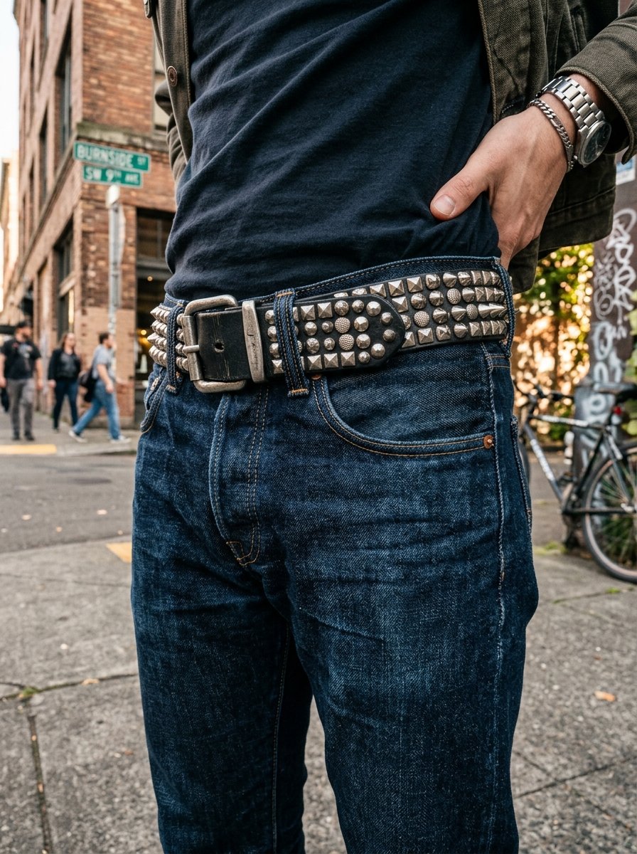 Person wearing a black leather belt with metal studs and spikes over dark blue denim jeans on a city street.
