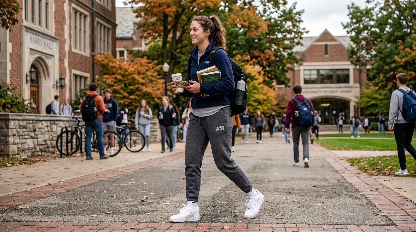 A young woman wearing a blue fleece and grey sweatpants walks on a campus path near historic brick buildings.
