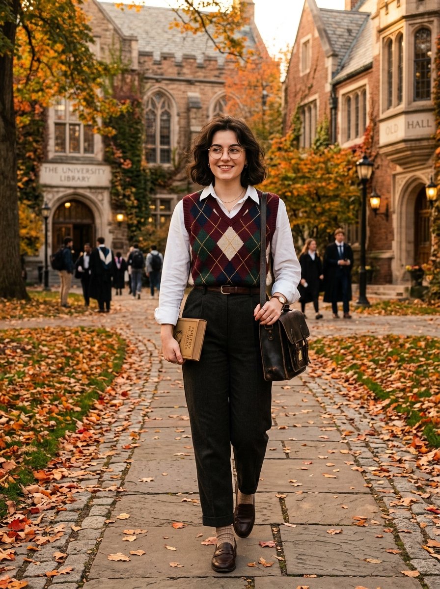 Smiling female student wearing an argyle sweater vest and carrying a book on a fall campus path.