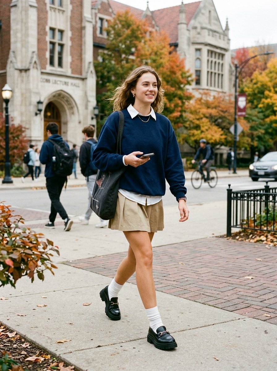 A smiling blonde student in a navy sweatshirt, white shirt, and khaki skirt walking outdoors past old brick buildings.