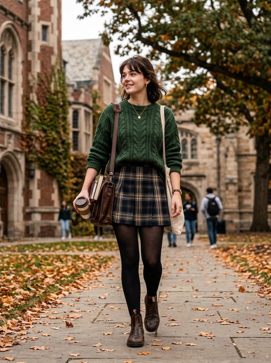 Young woman in a cable-knit green sweater and plaid skirt walks down a leaf-strewn college path with books and coffee.