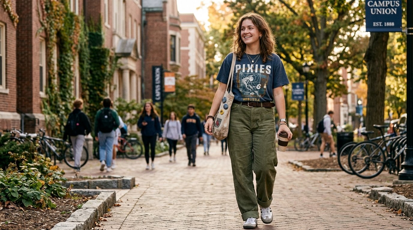 A smiling student with a tote bag and coffee walks along a brick pathway lined with historic academic buildings.