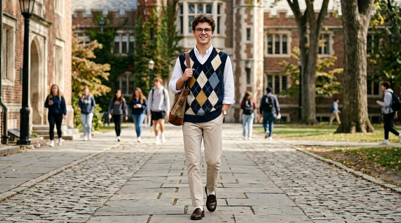 Young man in a sweater vest and chinos walks down a stone path on a university campus.