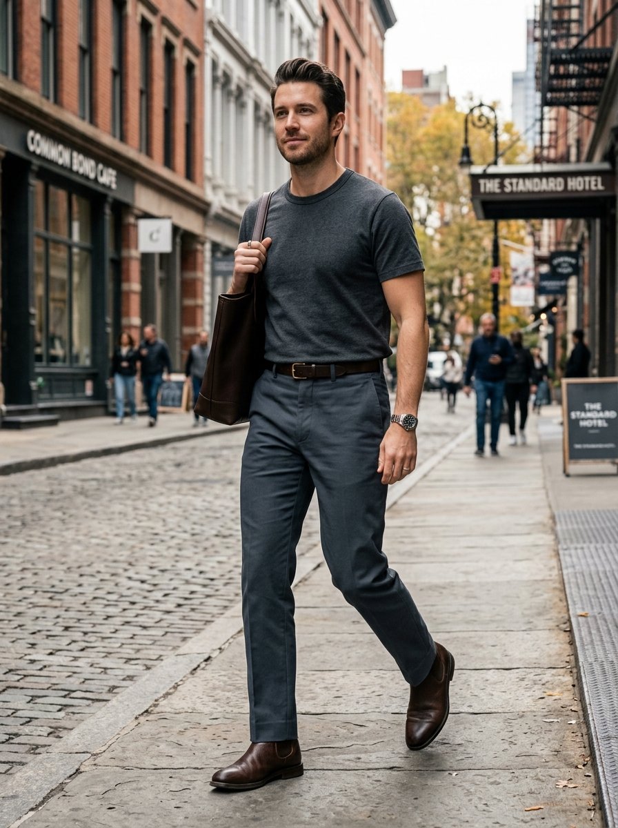 Man in a grey t-shirt and trousers walking down a city street with a leather tote bag and brown chelsea boots.