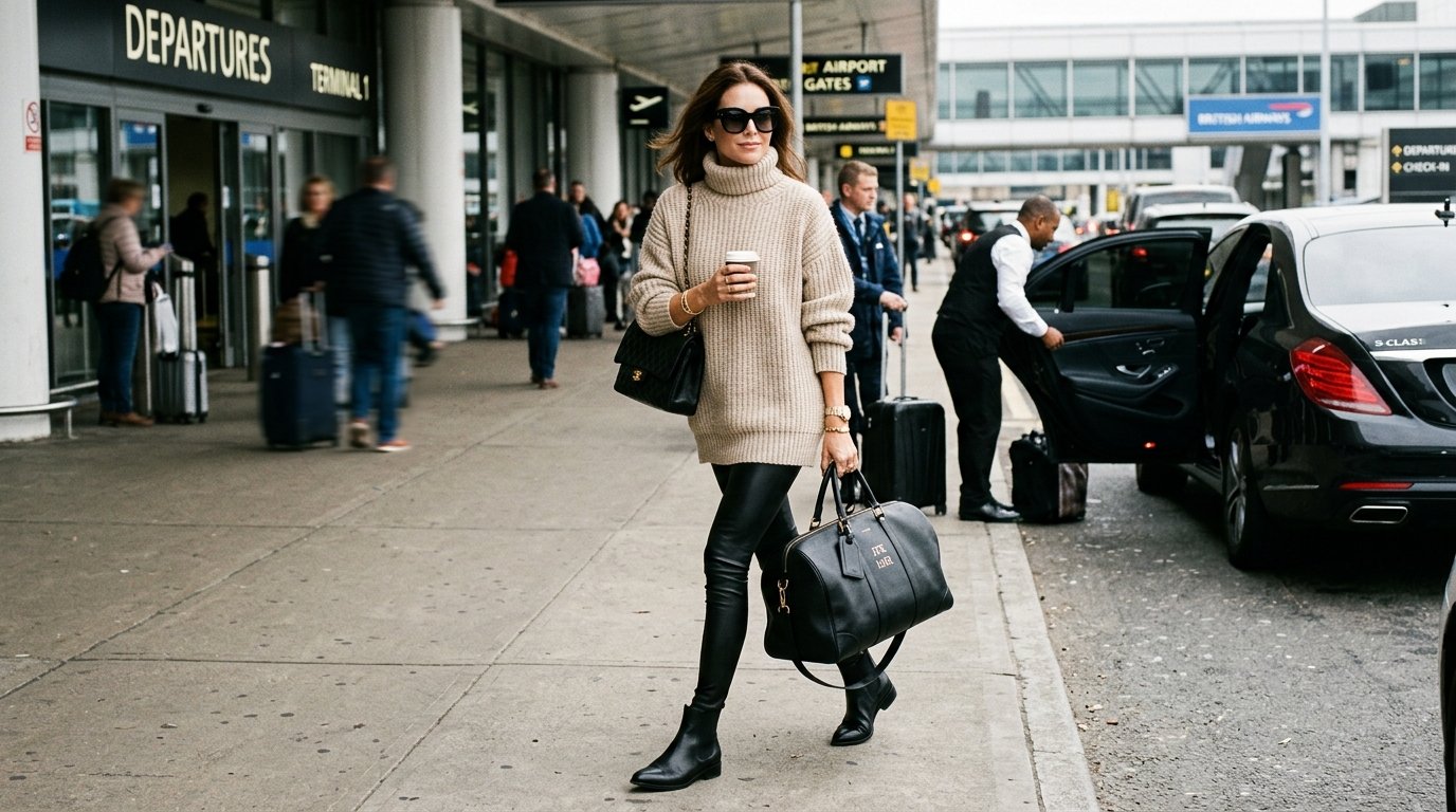 Woman in beige turtleneck and black leggings walking outside the departure area of an airport with luggage.