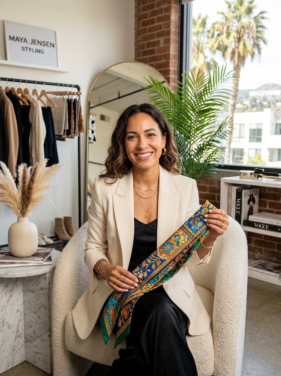 A smiling woman in a cream blazer holding a vibrant patterned neckerchief in a bright design studio.