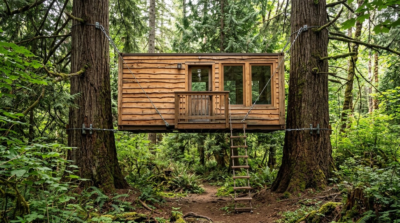 A modern wooden shipping container style structure hanging in the air between two thick pine trees in a green forest.