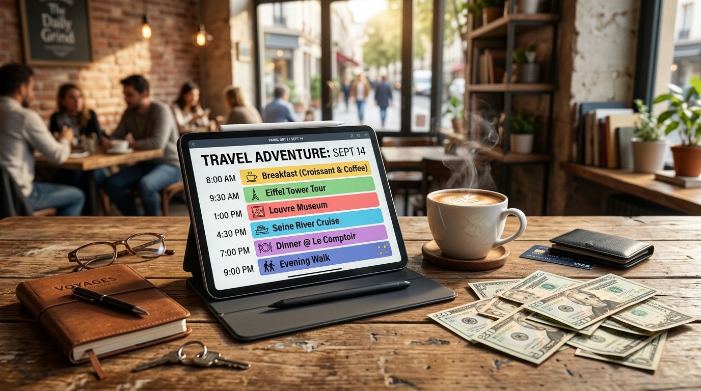 Digital tablet on a wooden cafe table showing a daily travel schedule with American currency and coffee.