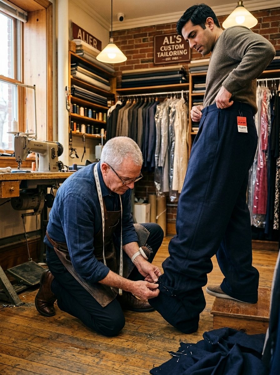 An older tailor kneels to pin the pant leg of a man standing in a custom clothing shop.