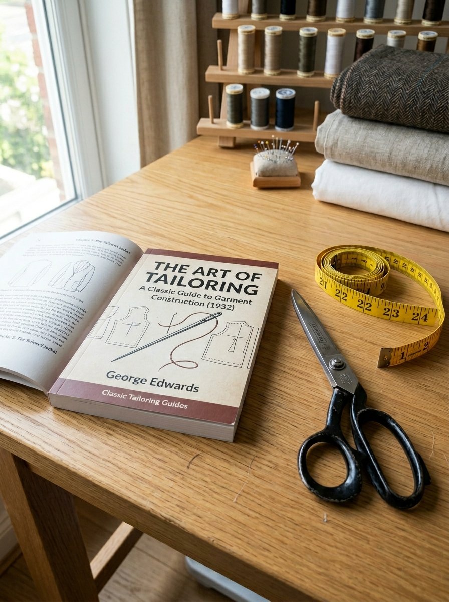 An open tailoring instruction book sits on a wooden desk next to metal scissors, a measuring tape, and fabric rolls.