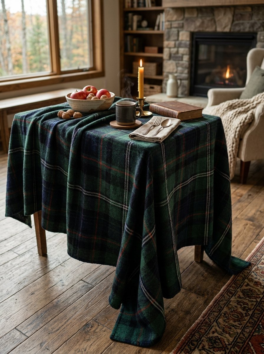 Small wooden table covered with a green plaid blanket featuring apples, walnuts, a coffee mug, and a lit candle.