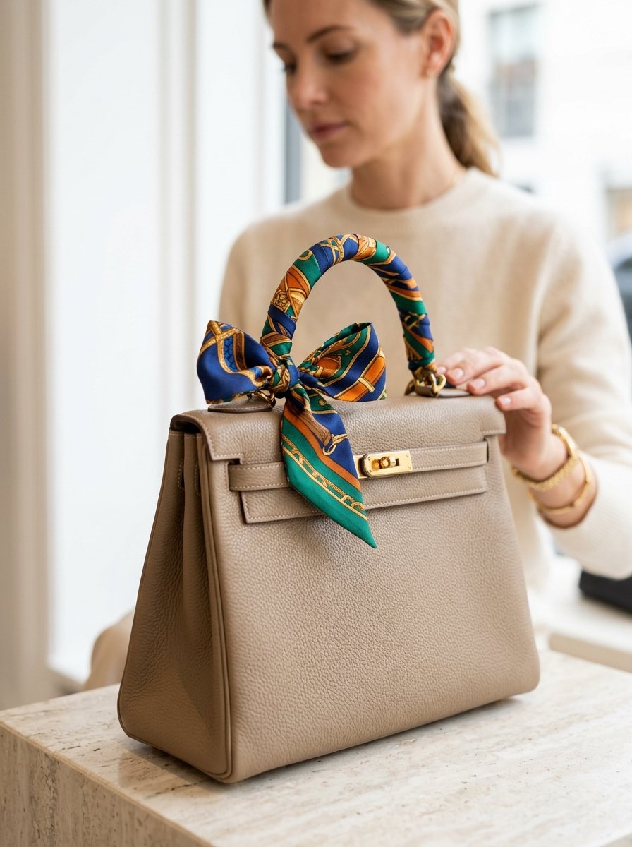A beige structured purse featuring a decorative blue, green, and orange silk scarf tied around the handle.