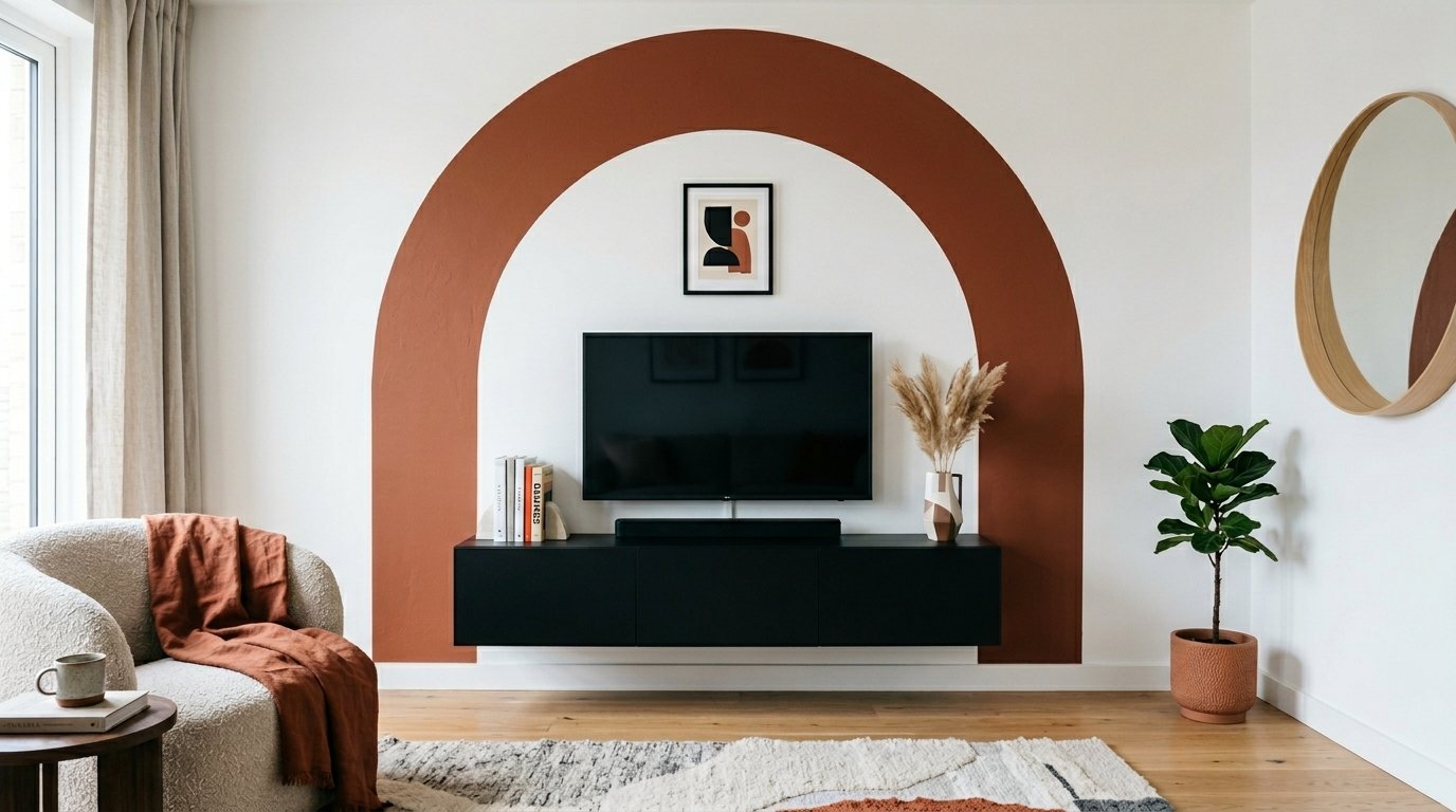Black floating media console centered beneath a painted brown arch wall design in a cozy living room.