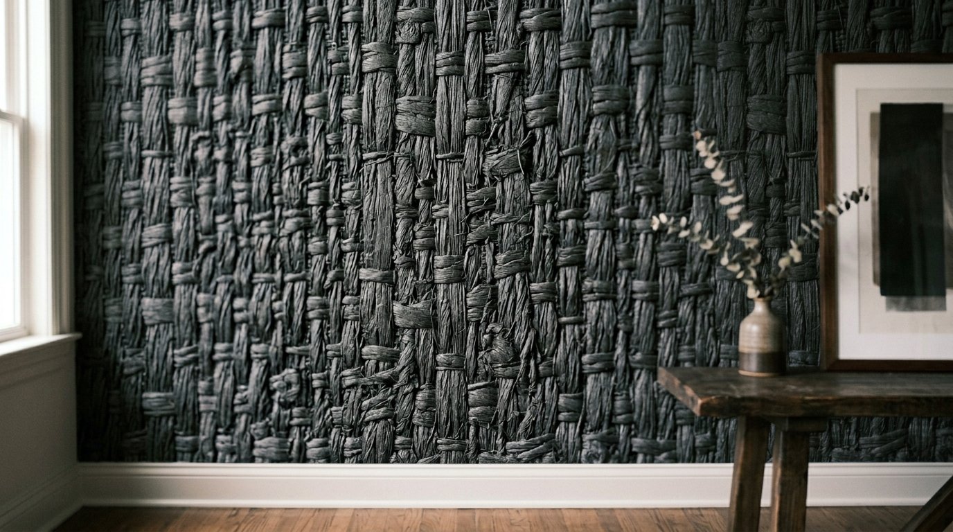 Close up of a dark, textured basket weave wallpaper behind a wooden console table and framed art.