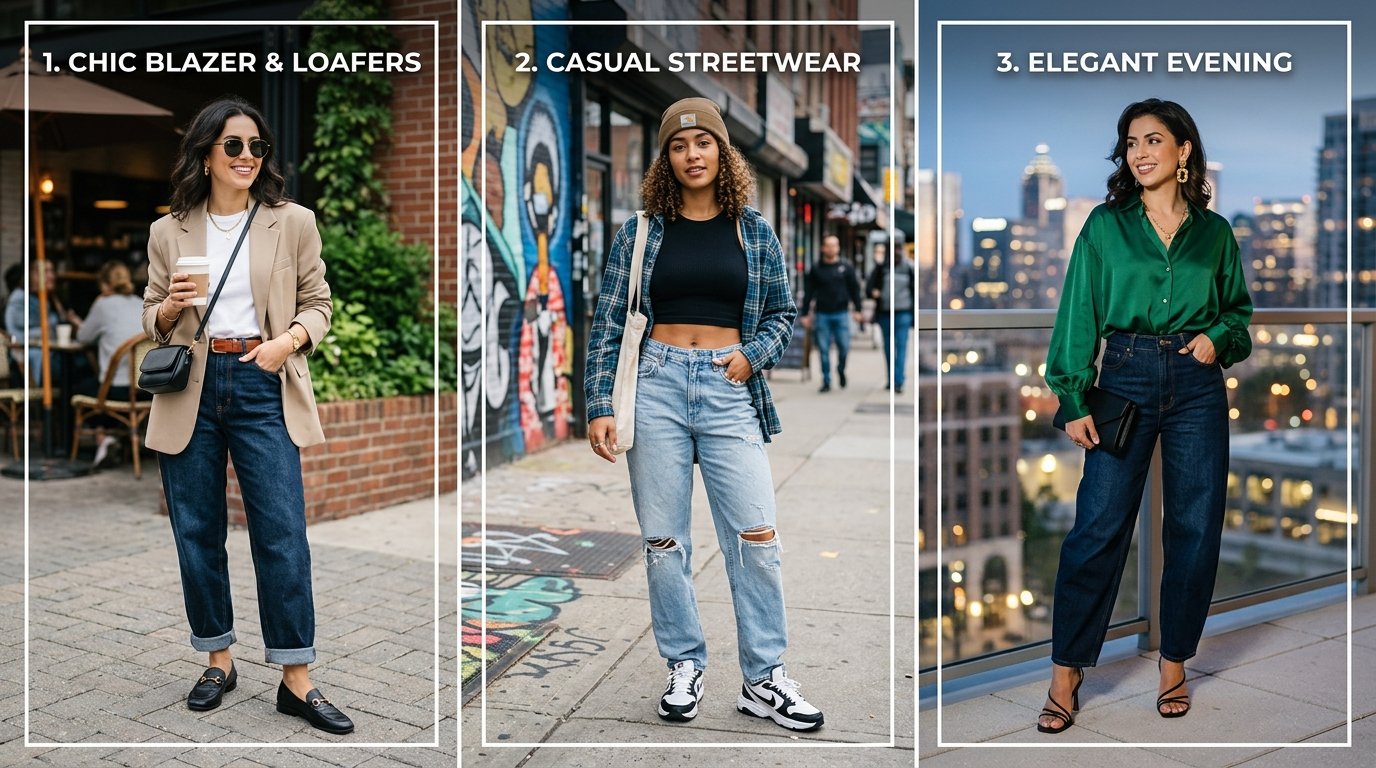 Collage of three women modeling different styles: blazer, streetwear with beanie, and green silk blouse.