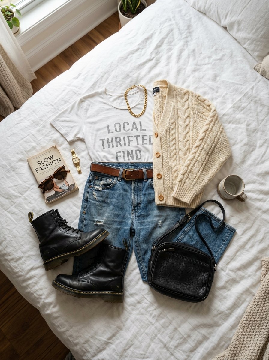 Vintage jeans, cream cable knit cardigan, black combat boots, and a leather bag laid out on a white bedspread.