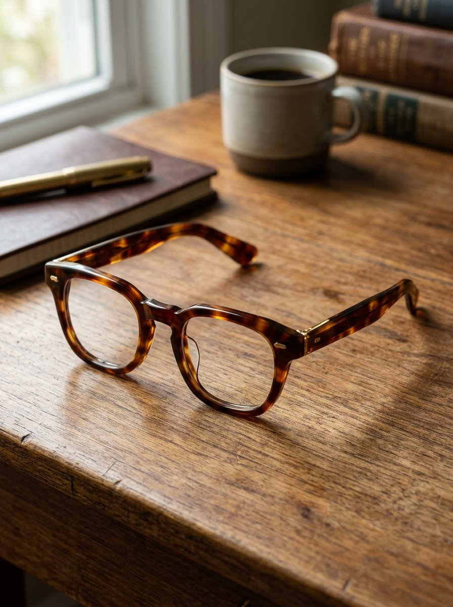 Brown tortoise shell eyeglasses placed on a wooden surface next to a notebook, pen, and a mug of coffee.