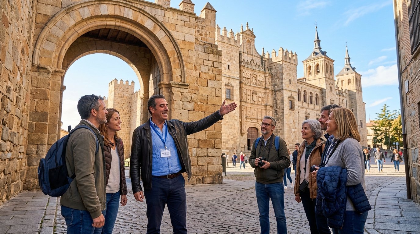 A man with a badge leads a group of tourists through a sunny, ancient medieval stone courtyard in Spain.