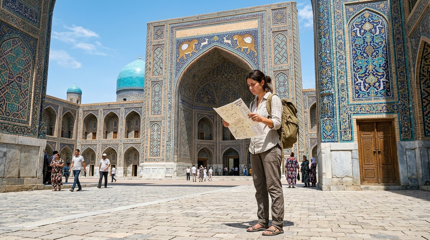 Young woman with a backpack looking at a paper map in front of an ornate tiled mosque courtyard.