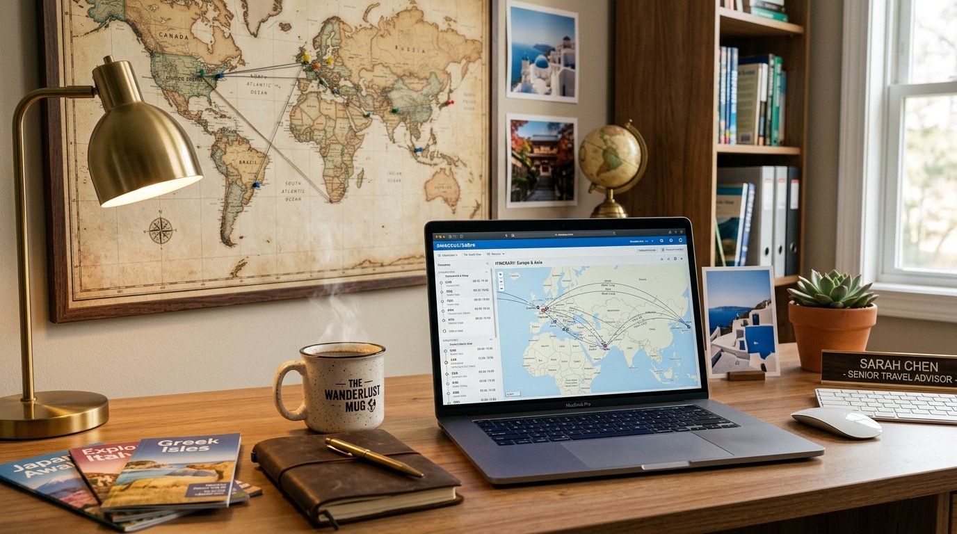 Travel agent desk with laptop showing flight routes, world map, coffee mug, and travel brochures.