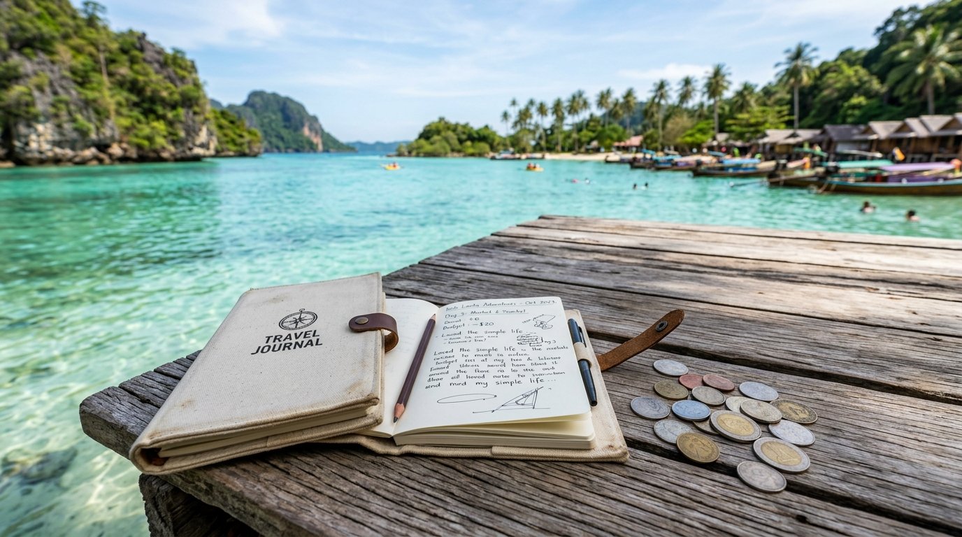 An open notebook with handwritten notes and scattered coins sit on a wooden pier overlooking a tropical bay.