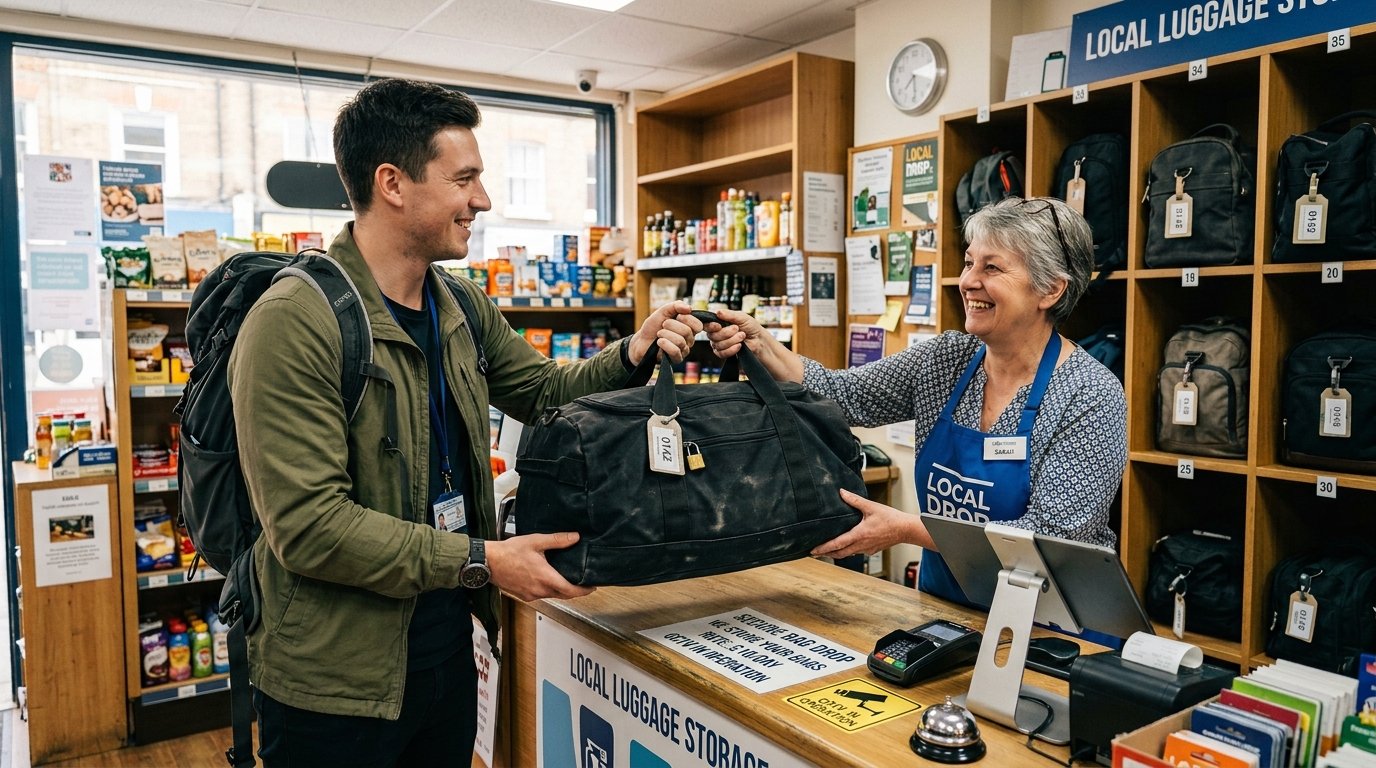 Man with backpack hands a black duffel bag to a female store clerk at a local luggage storage counter.