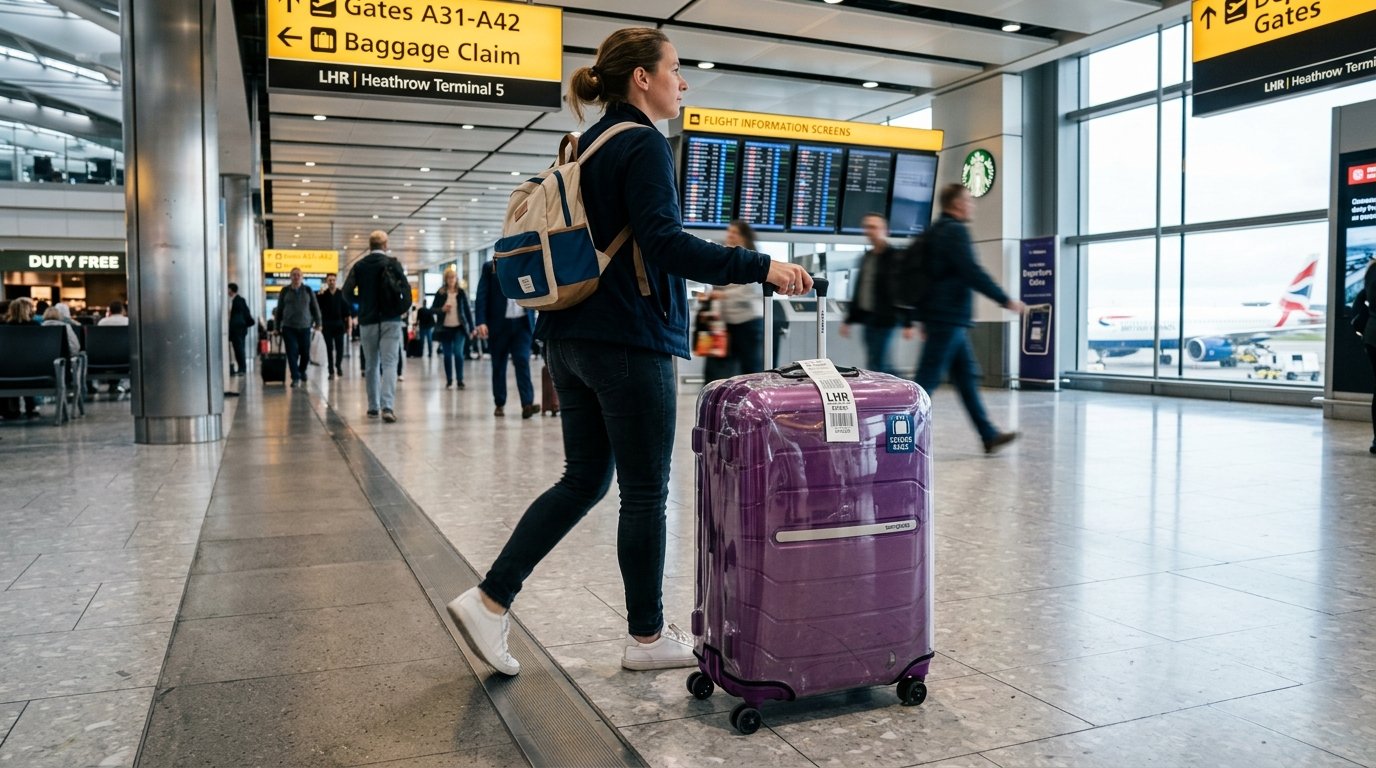 Woman walking through an airport terminal carrying a backpack and rolling a purple hard-shell luggage piece.