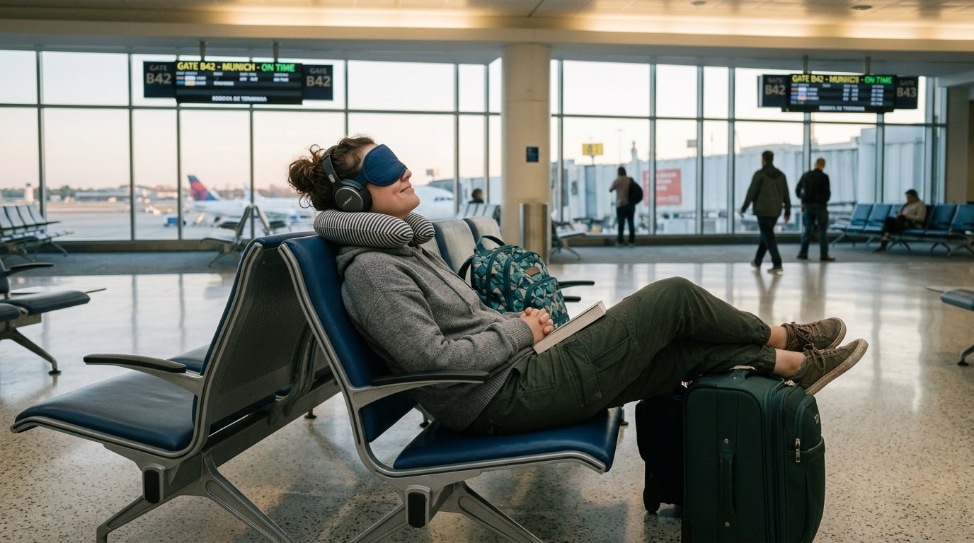Traveler resting on airport seating with a neck pillow and headphones while waiting for a flight at gate B42.