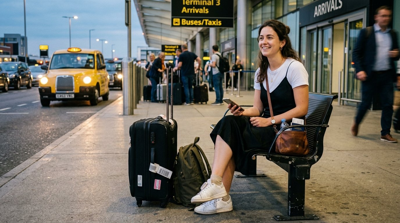 A happy traveler sitting on a bench outside airport arrivals with her suitcase and backpack.