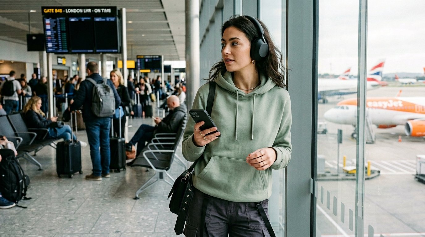 A woman wearing headphones and holding a smartphone stands by an airport window with planes on the tarmac.