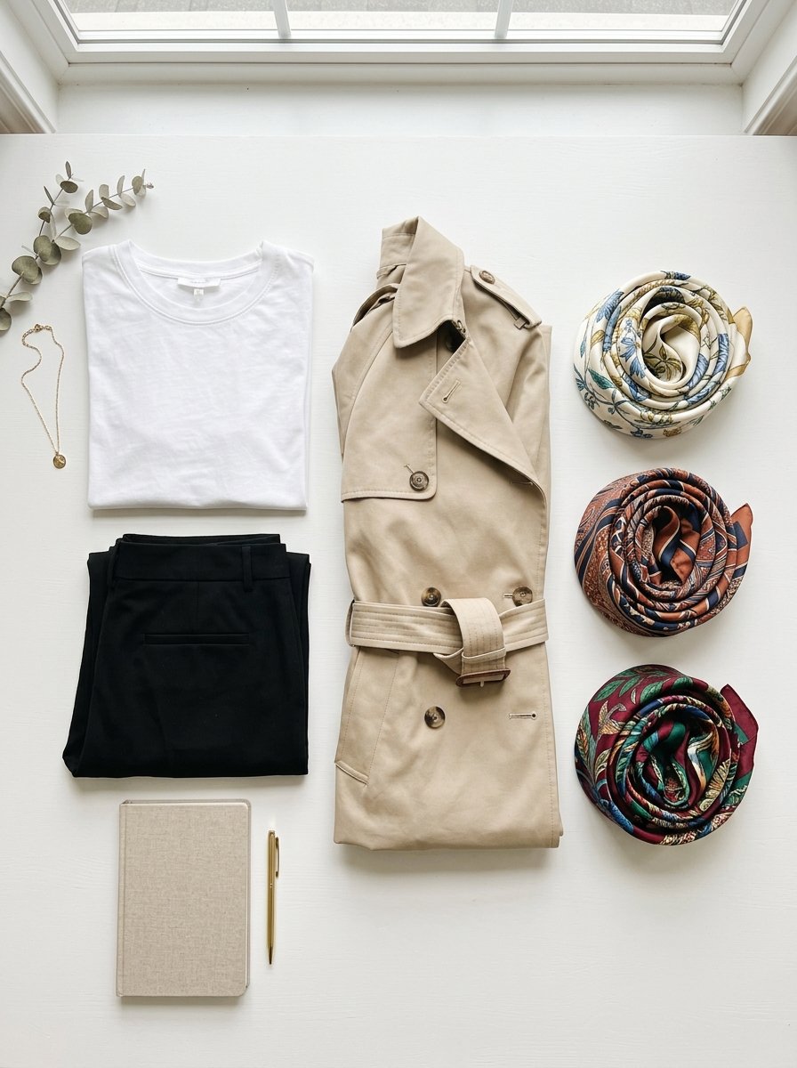 A beige trench coat, white t-shirt, black pants, three patterned scarves, a notebook, and a gold pen.